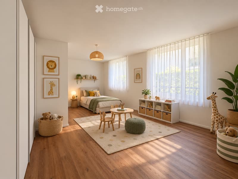 Cozy children's bedroom with a bed, nightstand, small table, chair, and storage shelf. Features a large window with sheer curtains, a round pendant light, and decorative baskets with stuffed animals.