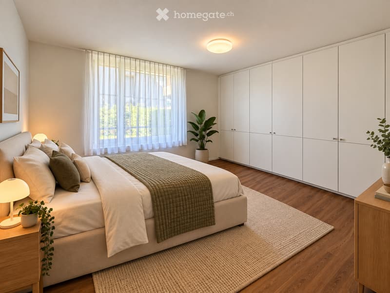 Modern bedroom with a large bed, nightstand, lamp, potted plants, and built-in white cabinets. The room features wooden flooring, a large window with sheer curtains, and a cozy rug.