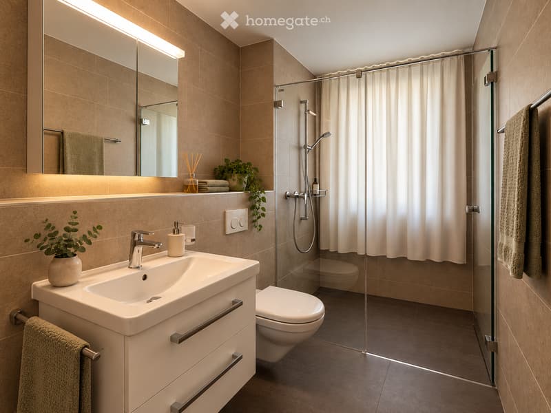 Modern bathroom with beige tiles, a white sink with a chrome faucet, a toilet, a glass-enclosed shower, and decorative plants on the counter.