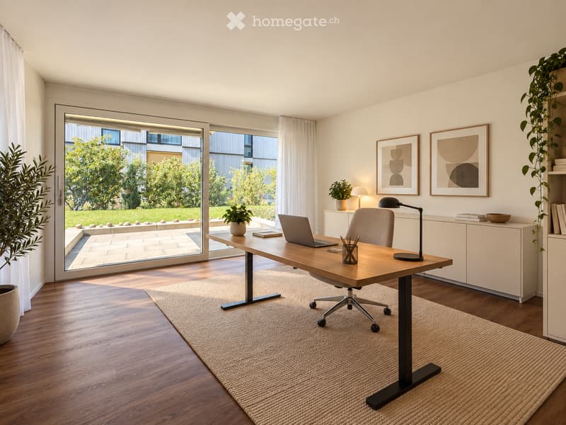 Modern, well-lit office space with a wooden desk, ergonomic chair, laptop, floor lamp, potted plants, and artwork on the walls. Large sliding glass doors open to a garden view.