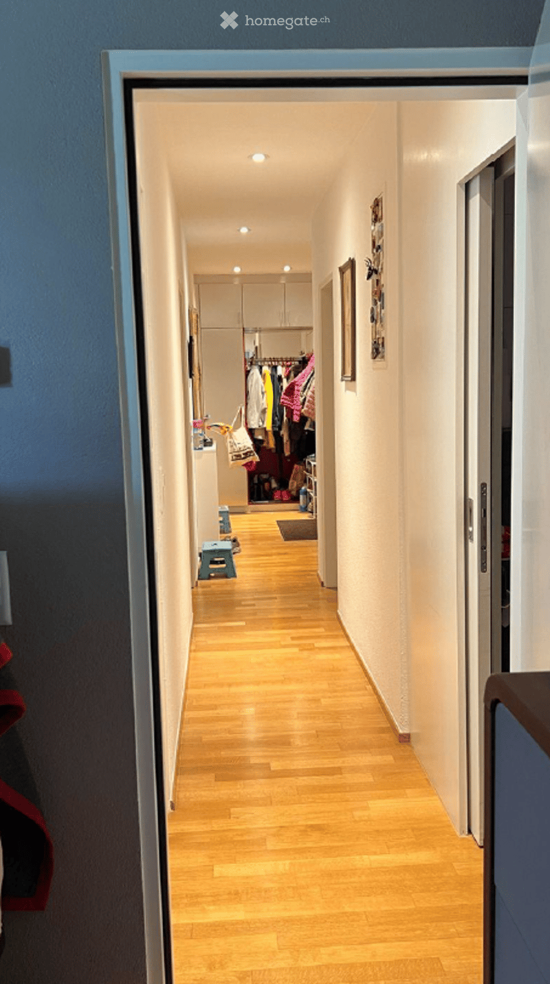 A narrow hallway with light wooden flooring, white walls, and recessed ceiling lights. A closet with hanging clothes is visible at the end of the hallway.