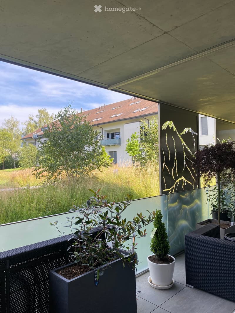 Balcony with modern glass railing, potted plants, and a wicker chair.