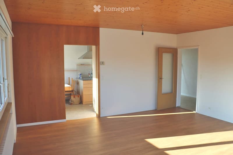 Empty room with wooden flooring, white walls, and a wooden ceiling. Features include a large window, a door leading to another room, and natural light streaming in.