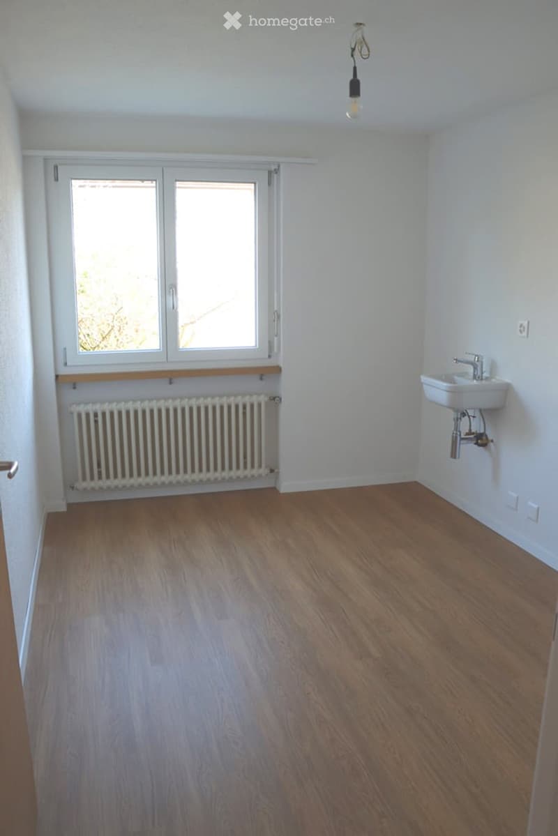 Empty room with wooden flooring, white walls, a window with white frame, a radiator, and a small sink.