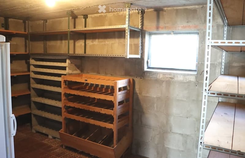 Empty basement or storage room with concrete walls, metal shelving units, and a wooden wine rack. No furniture or personal items present.