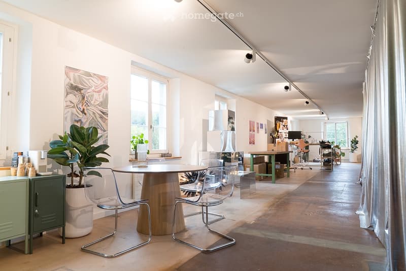 Bright, open room with large windows, a round wooden table with four modern chairs, a green cabinet, and several potted plants. The space includes a workspace area with a desk, computer, and additional seating.