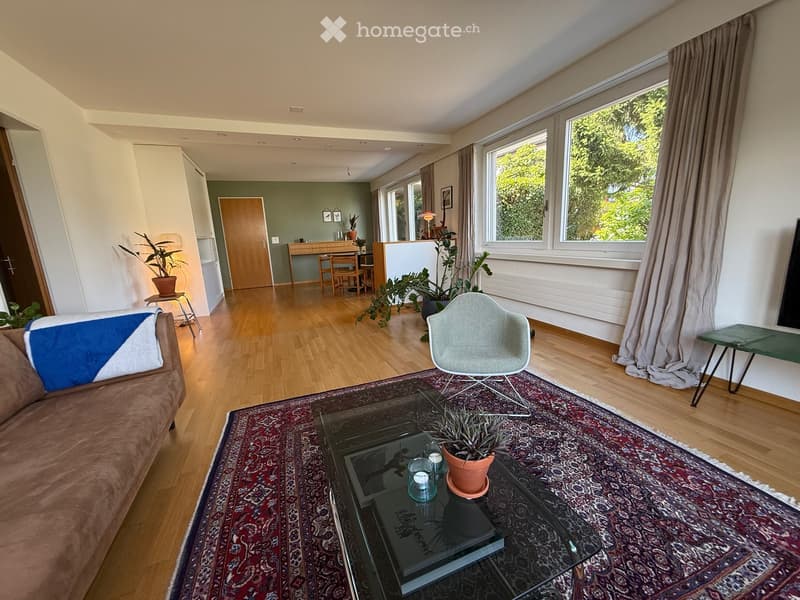 Modern living room with wooden flooring, large windows, a patterned rug, a sofa, a glass coffee table, a dining area with a table and chairs, and several potted plants.
