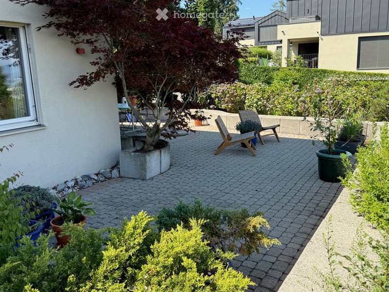 Well-maintained garden with potted plants, shrubs, a small tree, and two wooden lounge chairs on a paved patio.