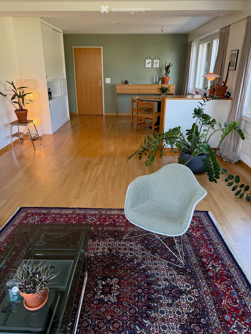 Living room with wooden flooring, large area rug, glass coffee table, modern chair, small side table with lamp, potted plants, and a dining area with table and chairs.