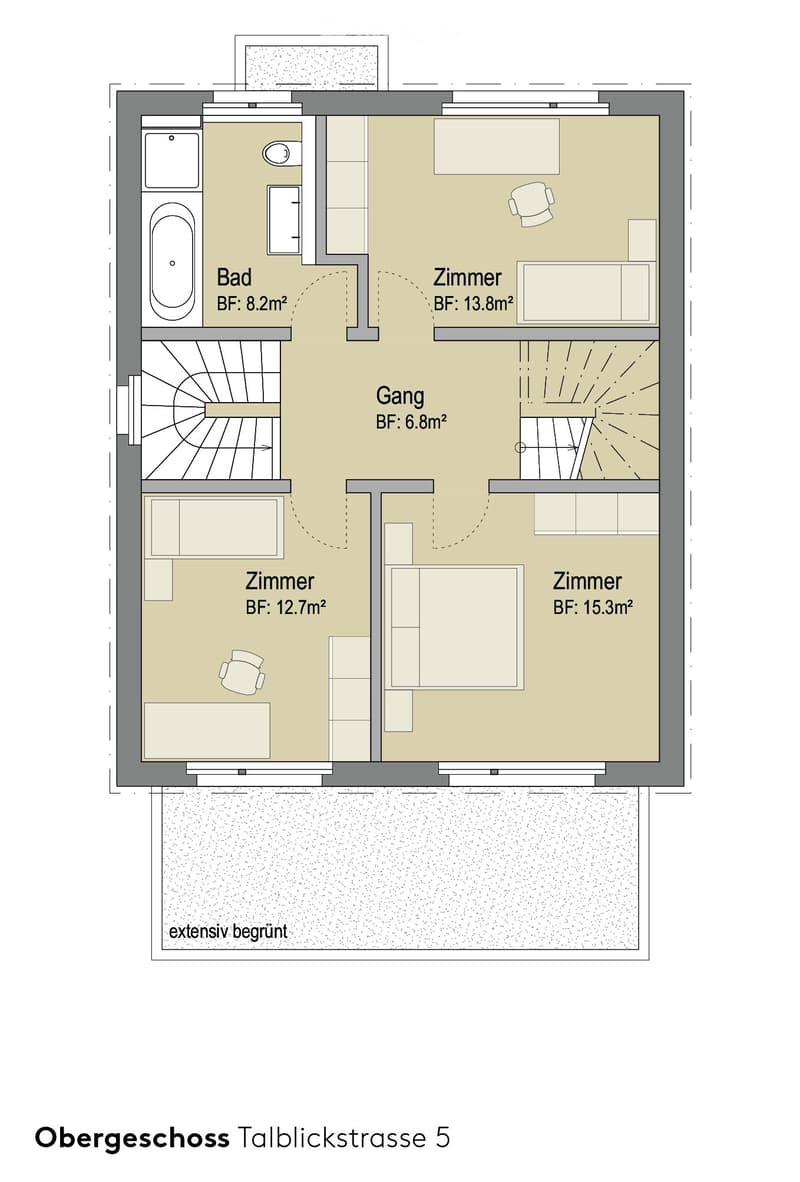 Floor plan of an upper floor showing a bathroom, hallway, and three bedrooms with indicated floor areas.