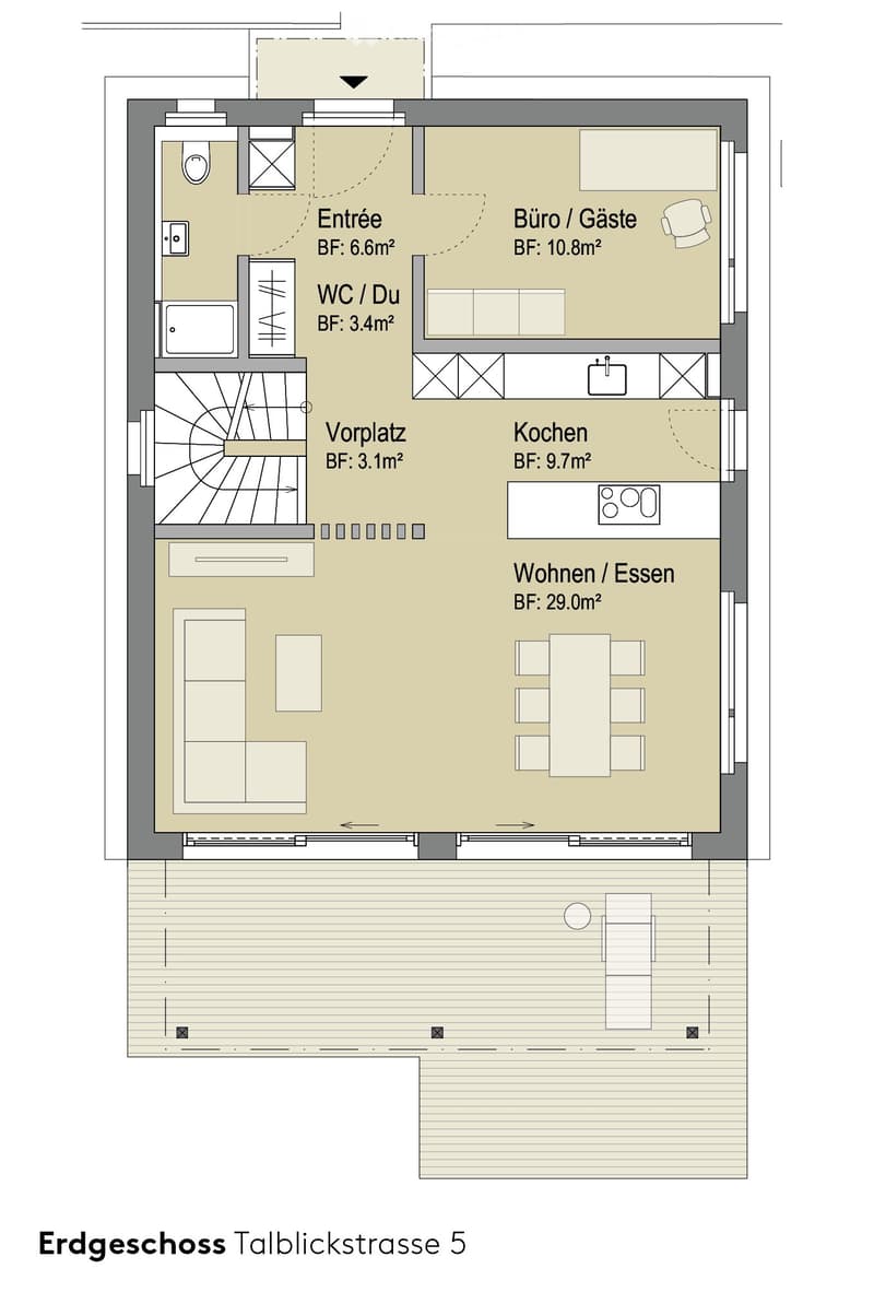Floor plan of a ground floor apartment with entrance, WC, kitchen, living/dining area, and office/guest space.