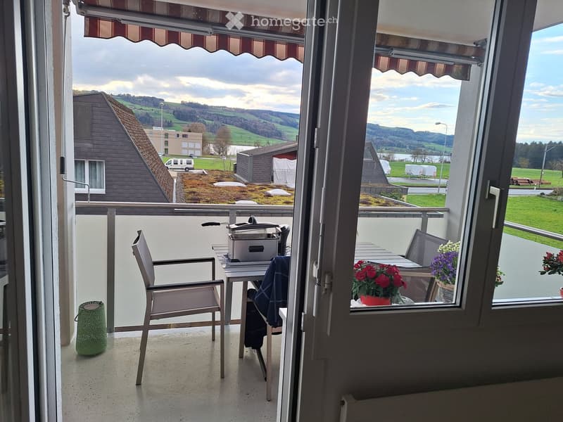 Balcony with a view of a green landscape, featuring a chair, table, and flower pots.