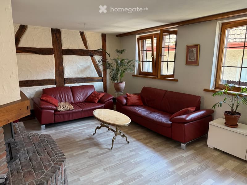 Living room with red leather sofa, coffee table, potted plants, fireplace, and wooden flooring.