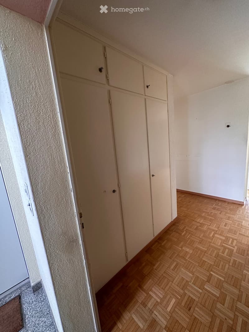 Empty hallway with wooden herringbone flooring, white walls, and closed doors.