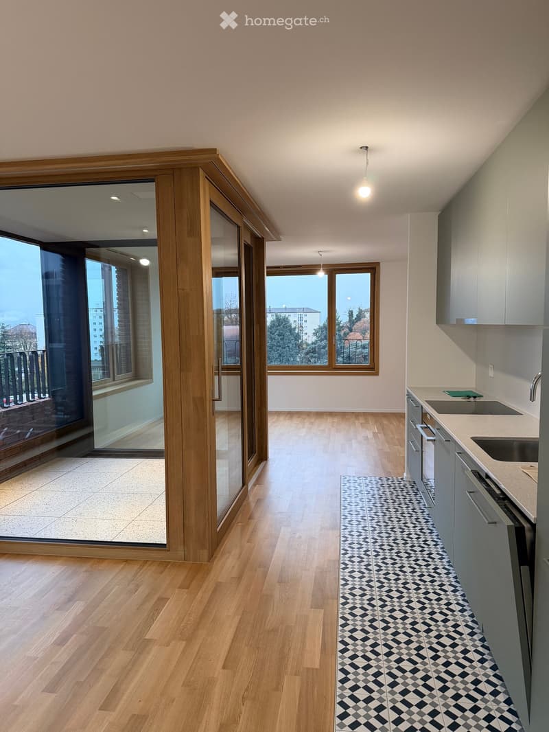 Modern kitchen with light wooden flooring, grey cabinets, and a black and white checkered rug. Features a large window with a view and a sliding glass door leading to a balcony.