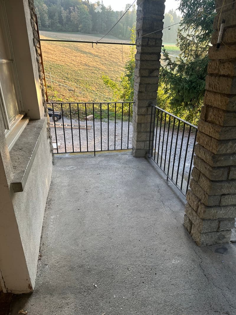 Concrete balcony with metal railing, stone pillars, and a view of a grassy field and trees.