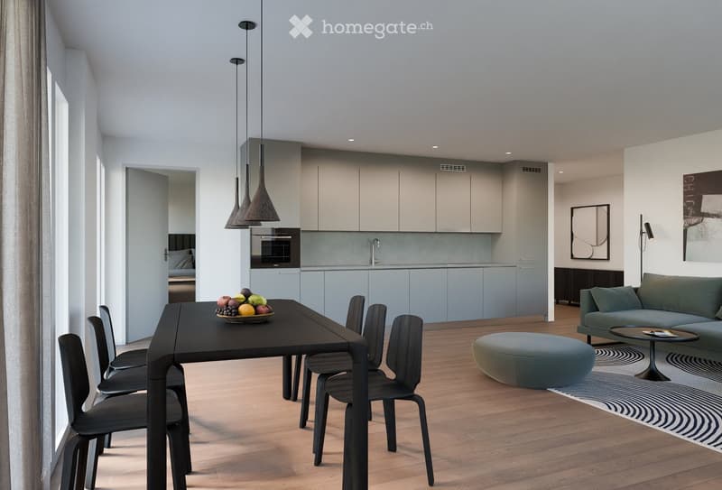 dining room, black table, 6 chairs, white walls, gray cabinetry, living room, gray sofa, black coffee table, carpet, lamp