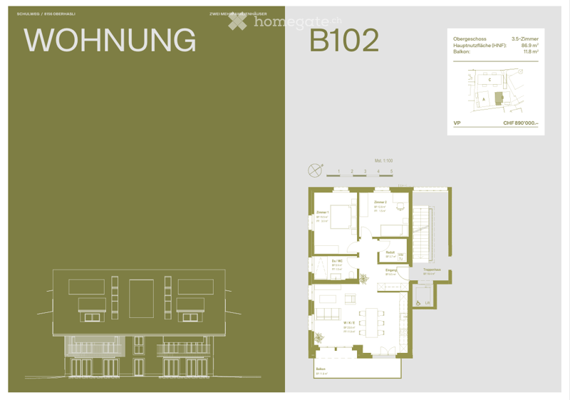 Floor plan of a 3.5-room apartment with a balcony, including living room, kitchen, bedrooms, and bathrooms.