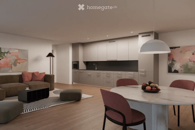 Modern living room with wooden floor, dining table, couch, open kitchen with modern appliances, lamp, carpet, paintings.