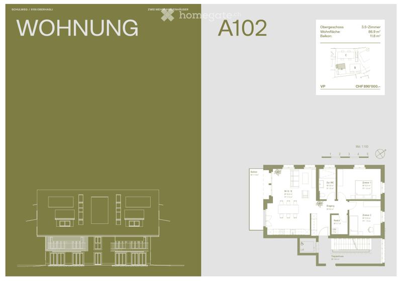 Floor plan of a 3.5-room apartment with a balcony, including living room, kitchen, bedrooms, and bathrooms.