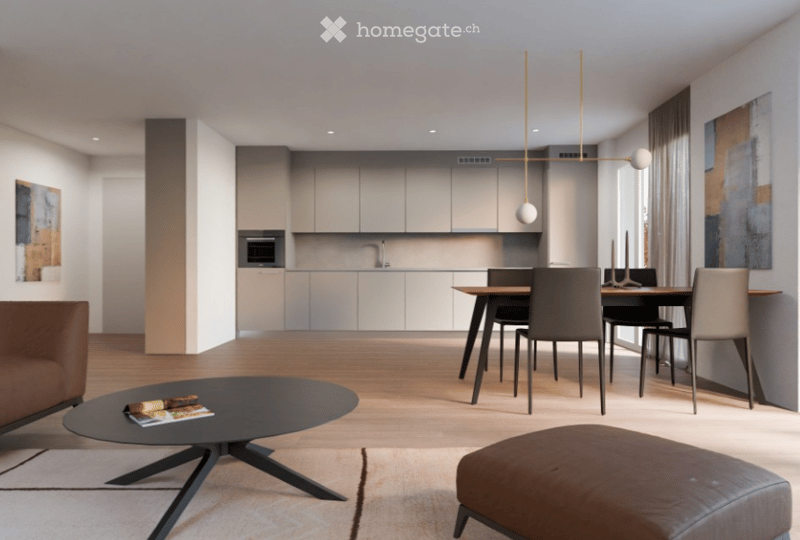 open-plan living room and kitchen, modern decor, wooden floors, neutral color palette, dining table and chairs, contemporary lighting