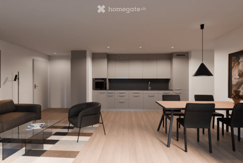 modern style living room with couch, rug, coffee table, dining area with table and chairs, open kitchen with appliances, ceiling lamp