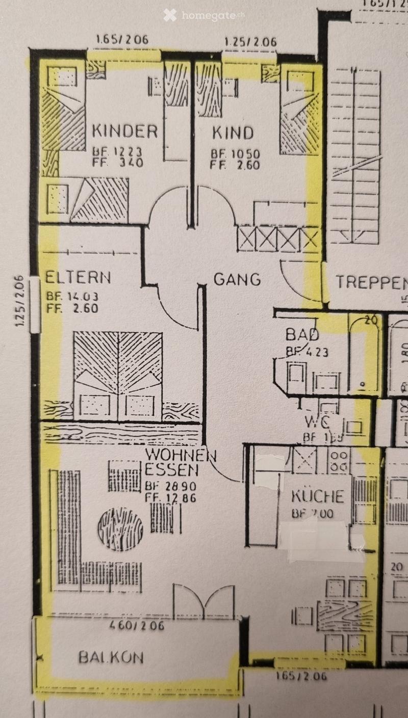 Floor plan showing a living area, dining area, kitchen, two bedrooms, bathroom, hallway, staircase, and balcony.