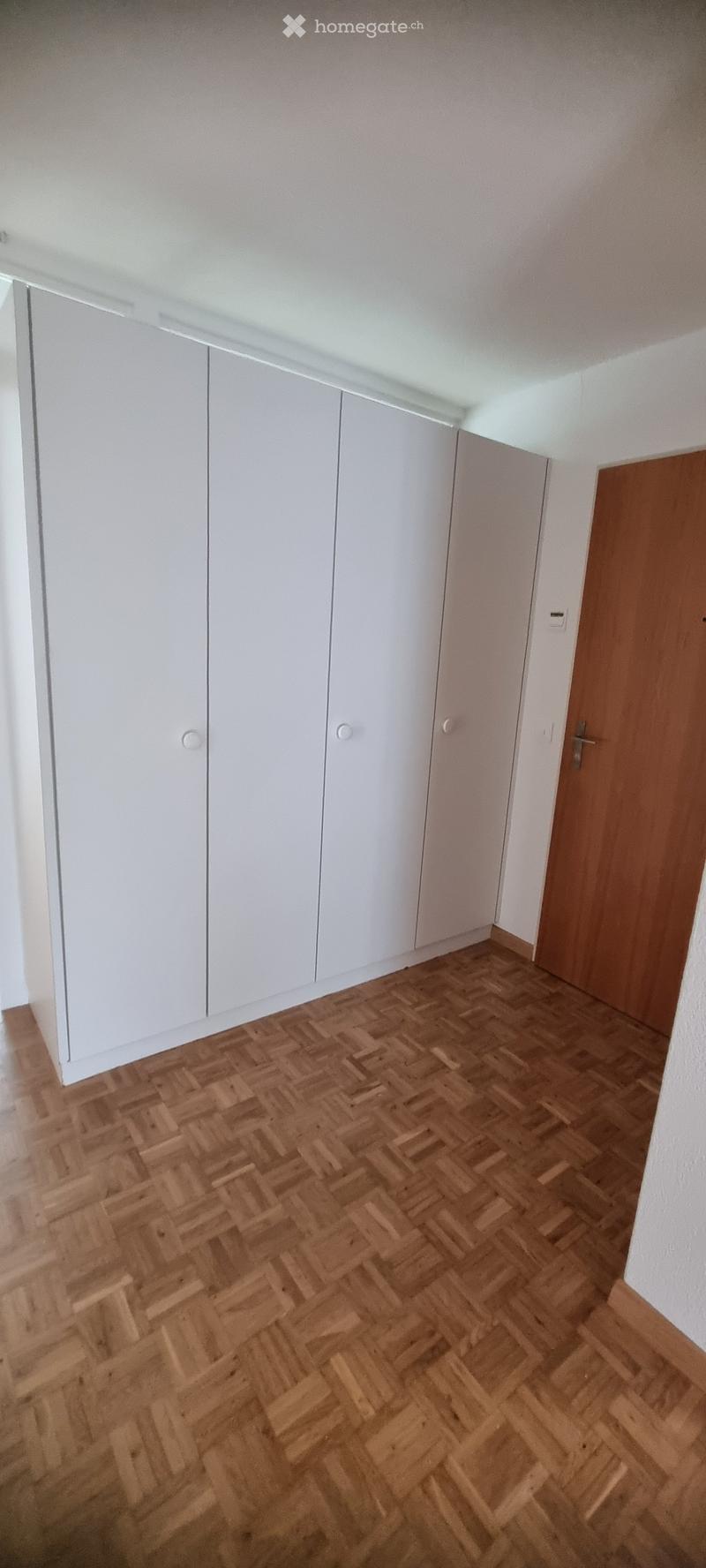 Empty room with wooden herringbone flooring and white built-in wardrobes, featuring a wooden door and white walls.