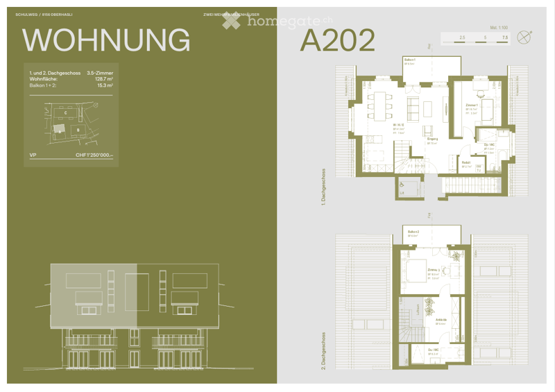 Floor plan of a 3.5-room apartment on the 1st and 2nd floors, including living room, kitchen, bedrooms, bathrooms, and balconies.
