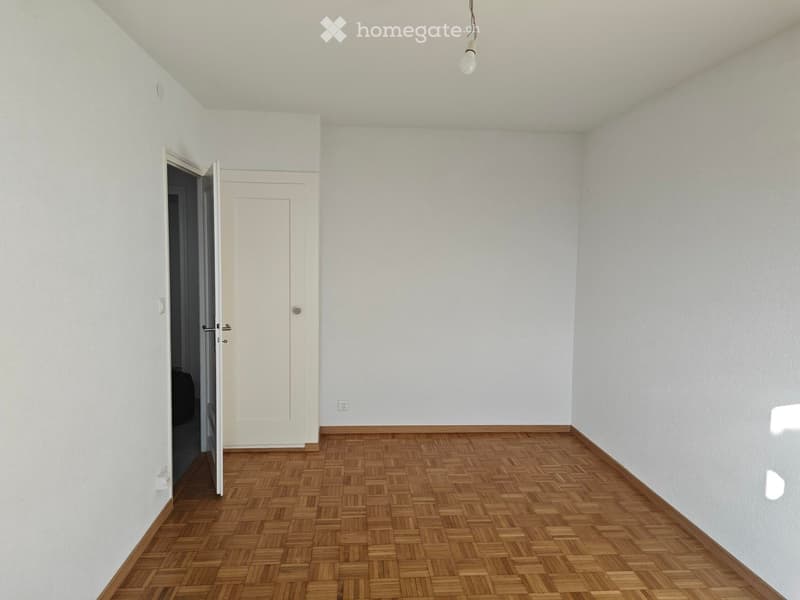 Empty room with light-colored walls and wooden parquet flooring. Features a single door and a visible light fixture on the ceiling.