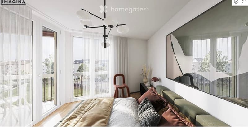 Modern bedroom with large windows, balcony access, sofa, mirror, and decorative items.