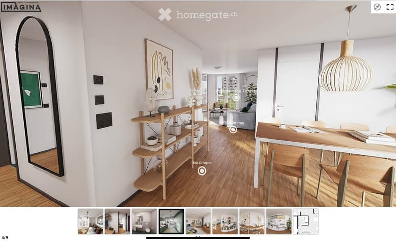 Floor plan of a modern apartment with a living room, dining area, and hallway. Features include wooden flooring, large windows, and contemporary decor.