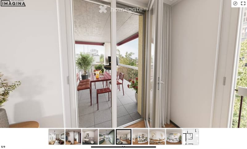 Balcony with a table, chairs, a stool, and a potted plant, featuring a retractable screen and a view of greenery.