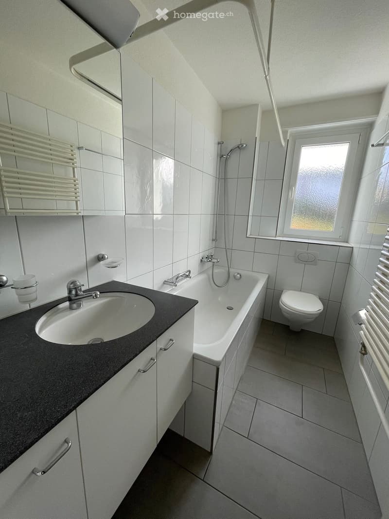 Modern bathroom with white tiles, a black countertop sink, a bathtub, a toilet, and a radiator.