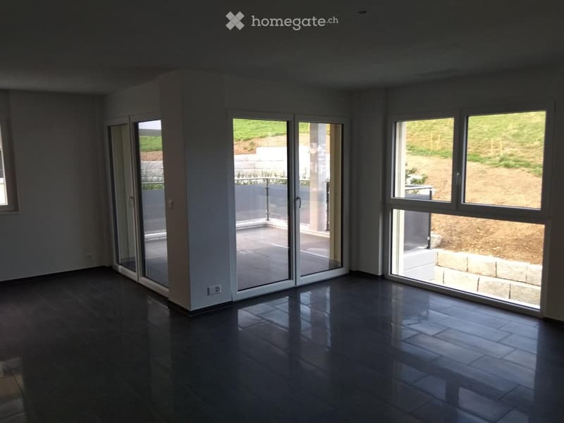 Empty room with dark tiled flooring, large sliding glass doors, and windows offering views of an outdoor area.