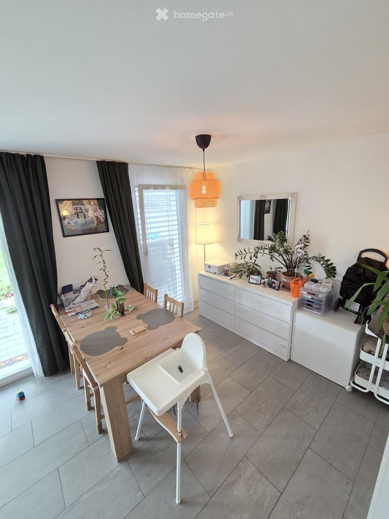Bright kitchen with a wooden dining table, chairs, a baby chair, white cabinets, a hanging lamp, a mirror, potted plants, and a picture frame on the wall.