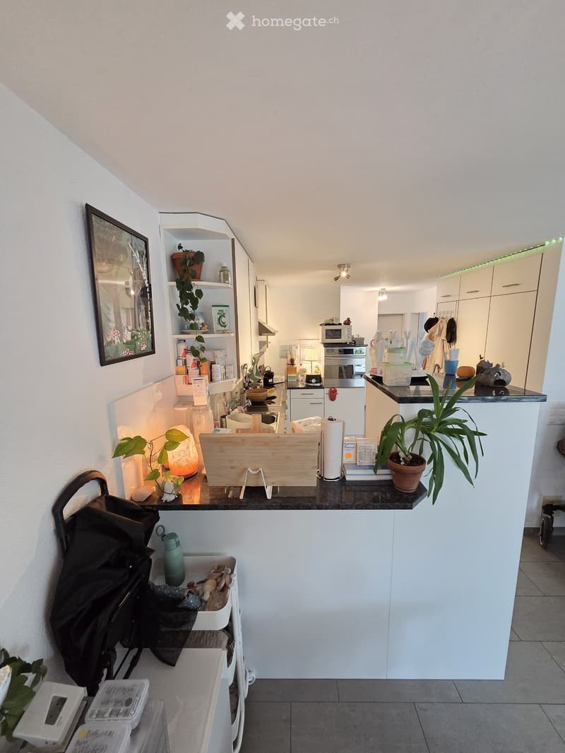 Modern kitchen with white cabinets, black countertop, microwave, oven, and various kitchen items. Includes a framed picture, plants, and a backpack on the floor.