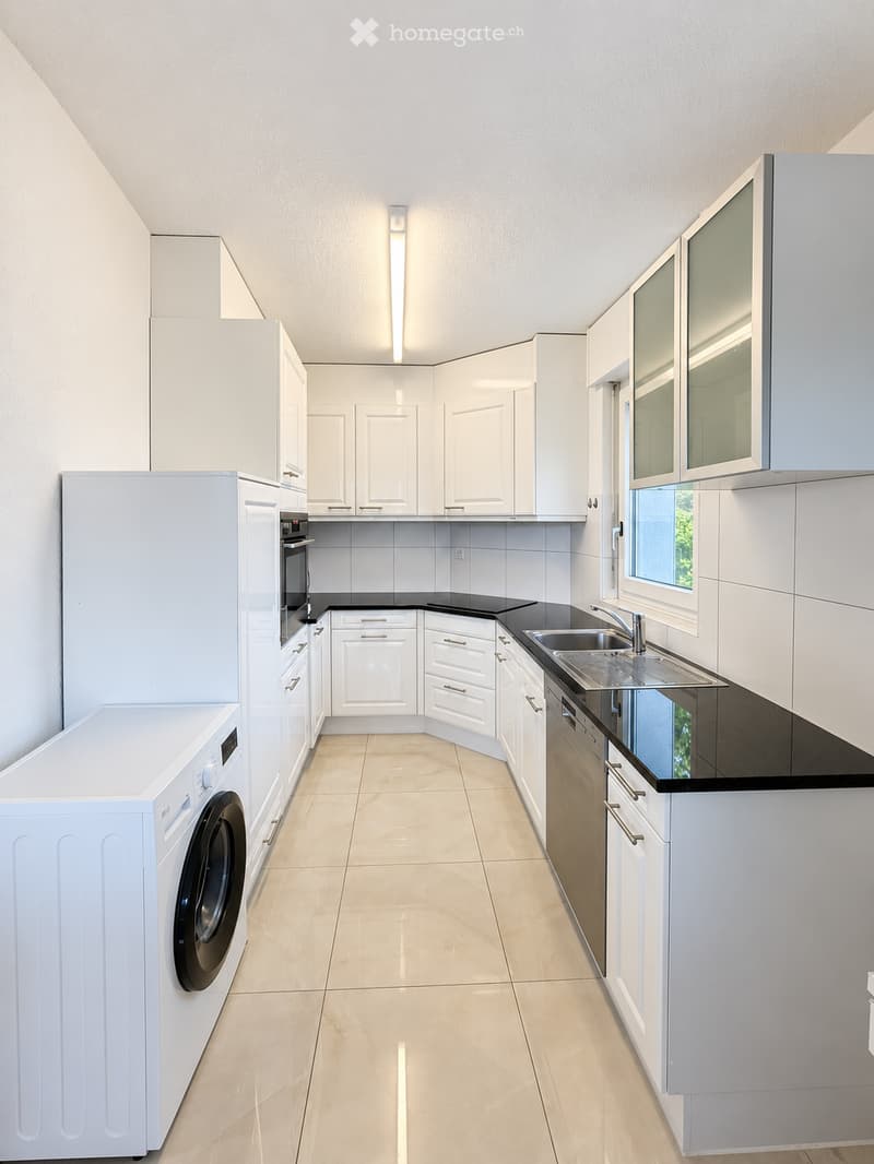 Modern kitchen with white cabinets, black countertops, a stainless steel sink, and a built-in washing machine.