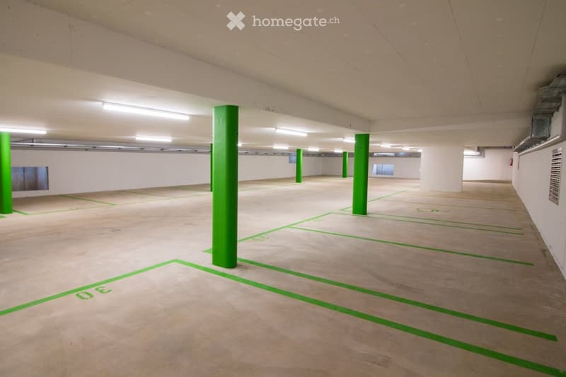 {"type": "Parking place", "objects": [], "description": "Underground parking area with marked parking spaces, green support pillars, and fluorescent lighting.", "localized_descriptions": {"EN": "Underground parking area with marked parking spaces, green s