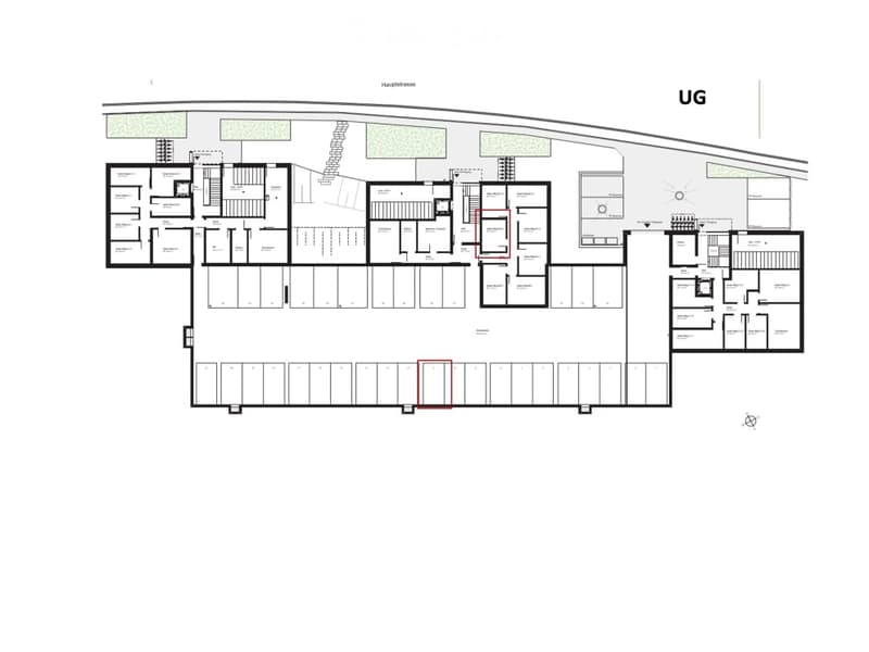 Floor plan of a multi-story building with labeled rooms and spaces, including offices, meeting rooms, and a basement level.