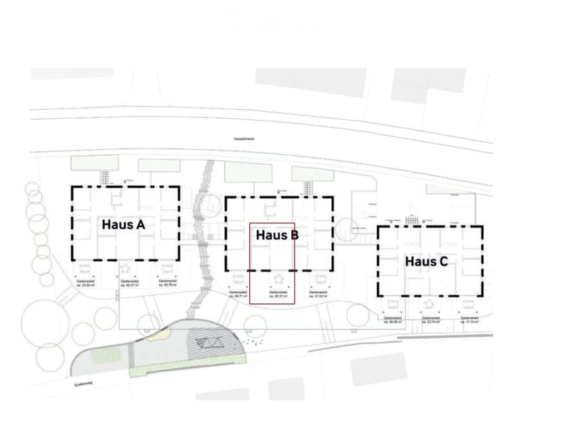 Floor plan showing three houses labeled Haus A, Haus B, and Haus C, each with multiple rooms and parking spaces.