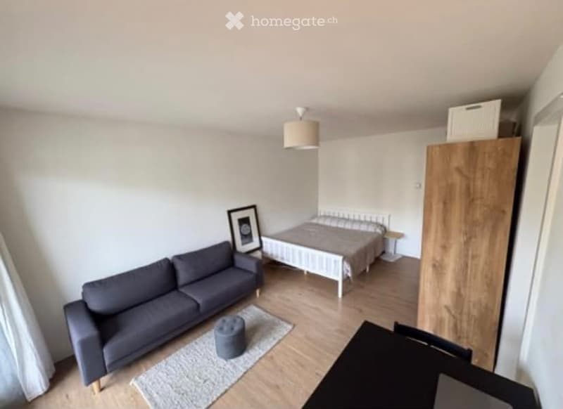 A modern, compact living space with a sofa, a small bed, a wardrobe, a picture frame, and a small round stool. The room features light wooden flooring and white walls.