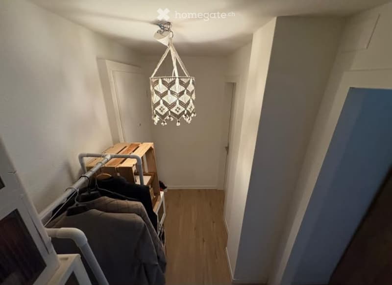 A narrow hallway with wooden flooring, white walls, and a decorative hanging light fixture. A clothing rack with several garments is visible on the left side.