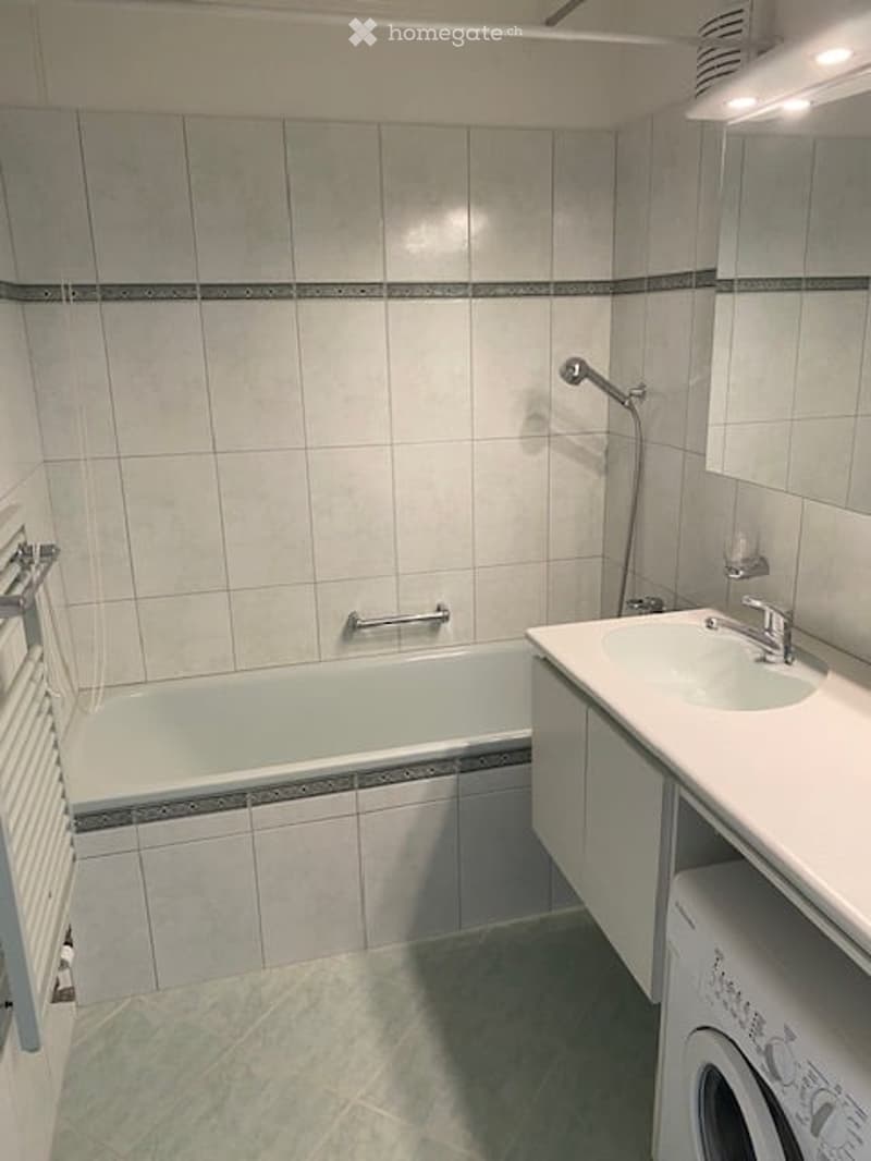 Modern bathroom with a bathtub, sink, and a private washing machine. The walls are tiled with a decorative border, and there is a towel rack on the left side.