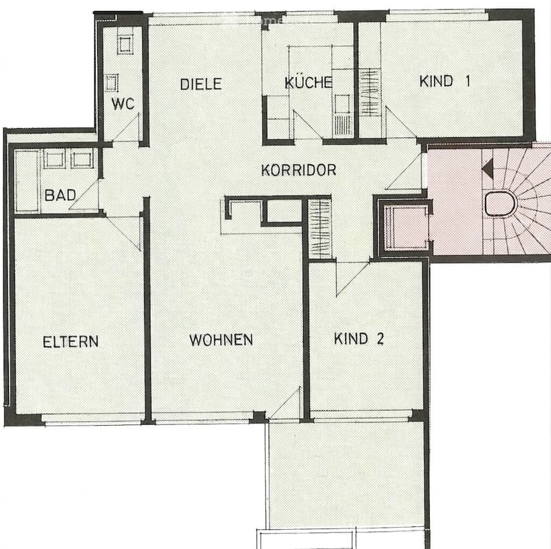 Floor plan of a house with labeled rooms: living room, kitchen, two bedrooms, bathroom, hallway, and WC.