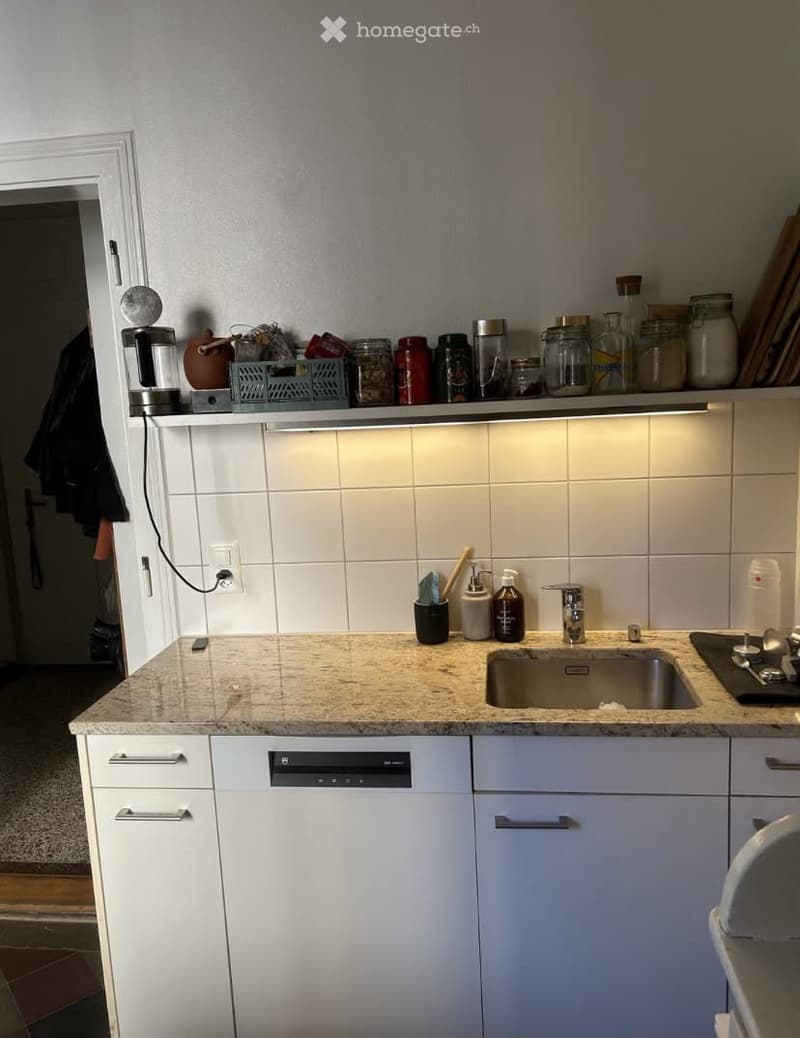 Modern kitchen with white cabinets, granite countertop, stainless steel sink, dishwasher, and various kitchen items on the counter and shelves.