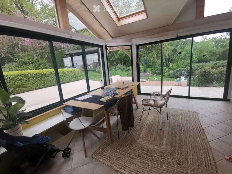 sunny room, large windows, skylight, dining table, chairs, rug, plants, baby stroller