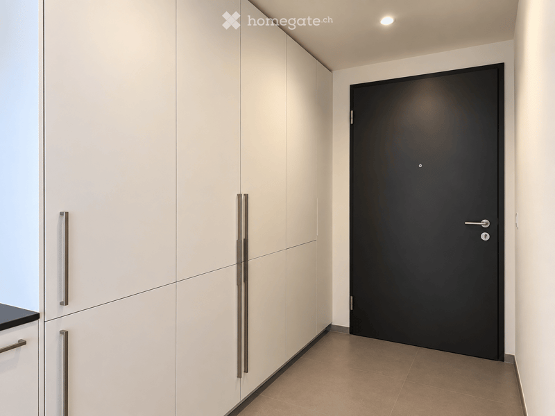 Modern hallway with white built-in cabinets, a closed black door, and recessed lighting.