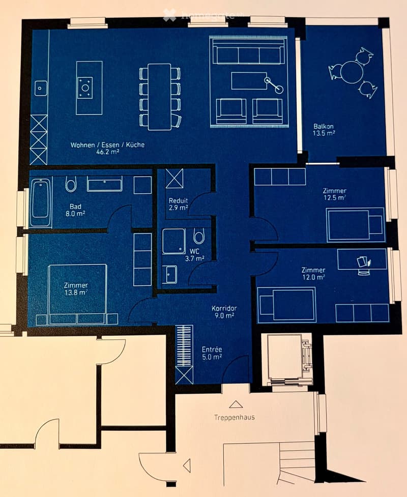 Floor plan of a 3-room apartment with a combined living/dining/kitchen area, two bedrooms, a bathroom, a WC, a hallway, and a balcony.