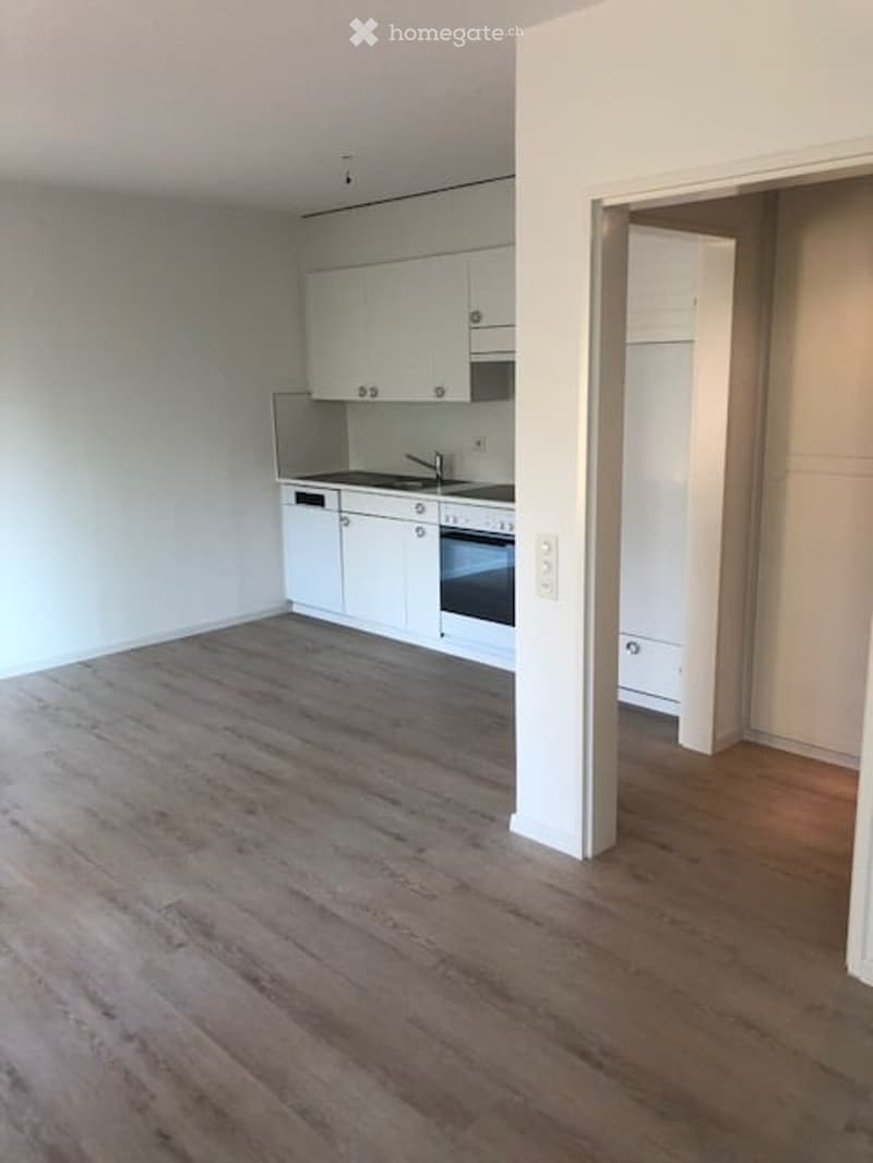 Empty kitchen with white cabinets, stainless steel appliances, and wooden flooring.